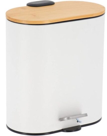 CUBO DE BASURA OVAL METAL CON TAPA AMORTIGUADA BAMBU 5L BLANCO