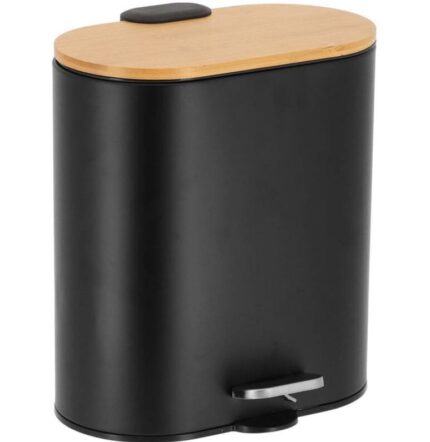 CUBO DE BASURA OVAL METAL CON TAPA AMORTIGUADA BAMBU 5L NEGRO