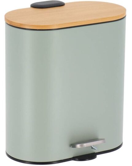 CUBO DE BASURA OVAL METAL CON TAPA AMORTIGUADA BAMBU 5L EUCALIPTO VERDE